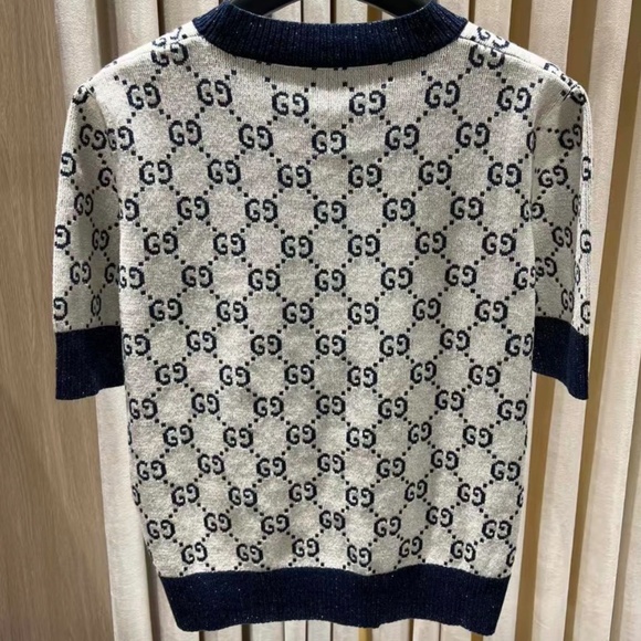 New Gucci 2025 GG monogram metallic Ivory and blue GG lamé jacquard knit top M - Picture 2 of 8